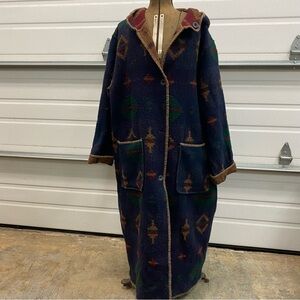 Vintage WOOLRICH Southwestern Aztec Reversible Hooded Long Wool Coat Size XL